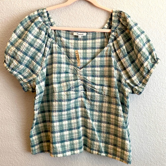 Madewell Plaid Puff-Sleeve Ruched Bodice Top Size X Large - Picture 2 of 10